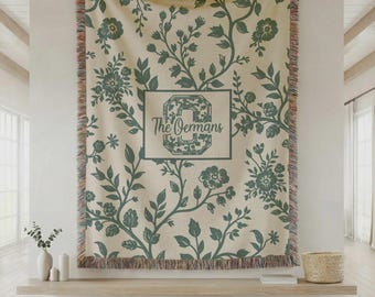 Personalized Woven Blanket Custom Family Name Blanket Green Floral Farmhouse Decor Housewarming Gift Wedding Gift Neutral Home