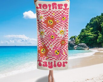Custom Name Aesthetic Beach Towel, Retro Checkerboard Flower Towel, Trendy Pool Towel Gift for Teen Girls Summer