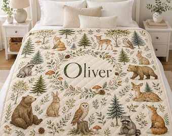 Personalized Woodland Animal Quilt Blanket, Custom Name Forest Nursery Decor, Baby Shower Gift