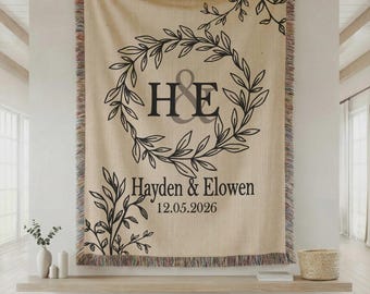 Personalized Couple Woven Blanket Custom Initial Name Blanket Wedding Gift Anniversary Gift Engagement Gift Boho Botanical Decor