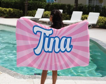 Personalized Name Beach Towel Pink Retro Custom Towel Bold Typography Summer Gift for Women Girls Pool Vacation Towel