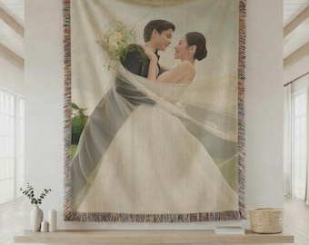 Custom Wedding Photo Woven Blanket, Personalized Couple Blanket Gift, Anniversary Keepsake Romantic Throw for Newlyweds