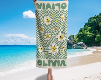 Custom Name Beach Towel, Personalized Retro Flower Towel, Cute Summer Pool Towel Gift for Girls Vacation Bachelorette Trip