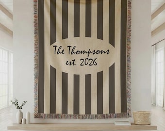 Personalized Family Name Woven Blanket, Custom Last Name Est Year Throw Blanket, Wedding Gift Couple Housewarming Decor