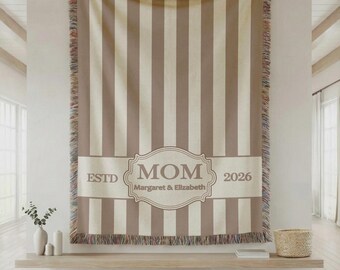 Personalized Mom Blanket Custom Name Woven Blanket Mothers Day Gift for Mom Grandma Gift Family Names Blanket Neutral Home Decor