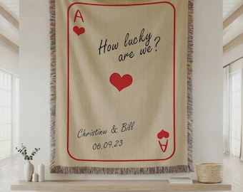 Personalized Couple Woven Blanket, Custom Names Date Playing Card Heart Throw, Romantic Gift for Wedding Anniversary Valentines