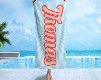 Personalized Name Beach Towel Retro Blue Custom Towel Bold Script Summer Vacation Gift for Men Women Pool Beach Towel