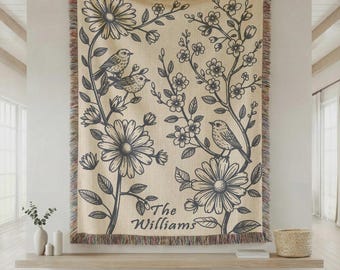 Personalized Family Woven Blanket Custom Name Floral Bird Blanket Vintage Botanical Throw Housewarming Gift Mother Gift