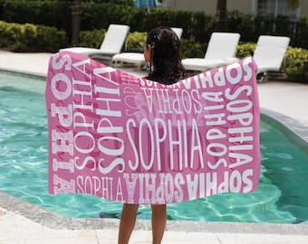 Personalized Name Beach Towel Custom Kids Beach Towel Pink Typography Towel Girls Gift Pool Towel Summer Gift for Her