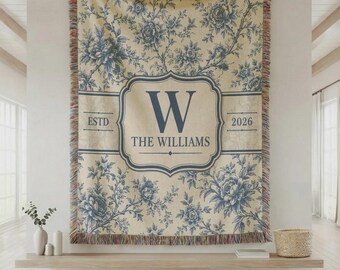 Personalized Woven Blanket Custom Monogram Family Name Blanket Blue Floral Farmhouse Decor Wedding Gift Housewarming Gift