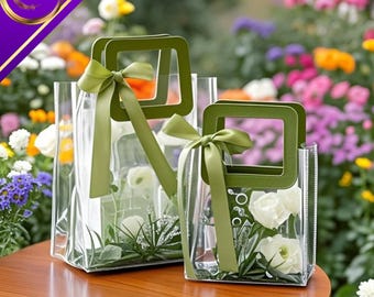 Clear Gift Bag with Ribbon / Raffia Grass | PVC Transparent Tote with PU Handle | 4 Sizes & 5 Colors | Wedding Party Birthday Favor Bag