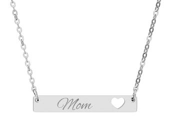 Cutout Heart Bar Necklace, Engraved Name Bar Necklace | Mom Bar Necklace