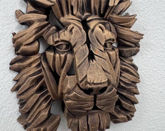 Escultura de cabeza de león para pared / Busto con melena geométrica / Arte animal en oro antiguo / Decoración gótica para oficina / Regalo majestuoso para él