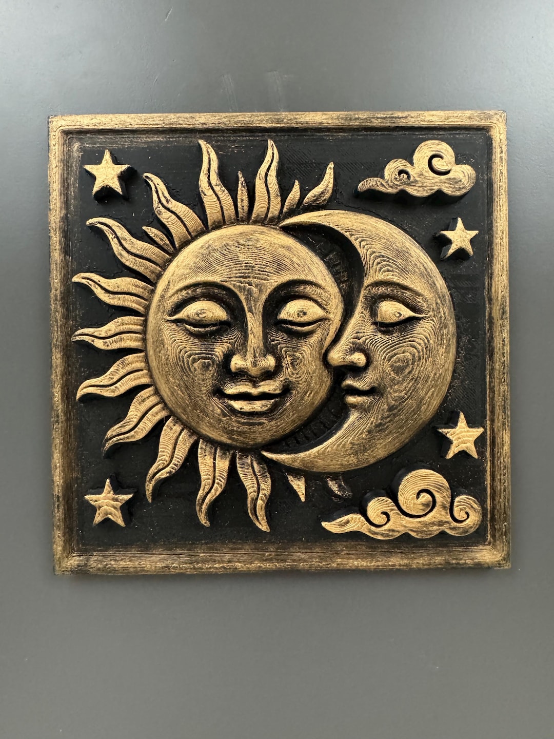 Sun and Moon Wall Plaque | Celestial Face Relief Sculpture | Gold Boho ...