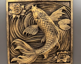 Koi Fish Wall Art | Hand Painted Antique Gold Relief Sculpture | Zen Wall Decor | Lotus Flower Wall Plaque | Spiritual Home Gift