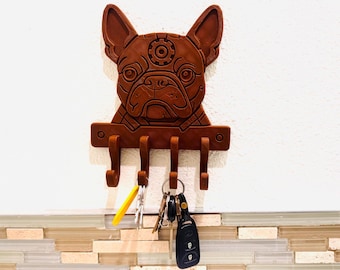 Steampunk Französische Bulldogge Schlüsselhalter - Funktionale Haushundedekorkunst mit 4 Haken für Schlüssel, Leinen & Eingangsbereich eines Organisationsgeschenks