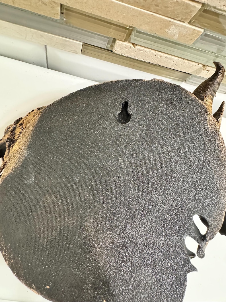 May include: A bronze-colored wall hanging in the shape of a ram's head. The back of the sculpture is a dark gray with a keyhole for hanging. The horns are a lighter brown.
