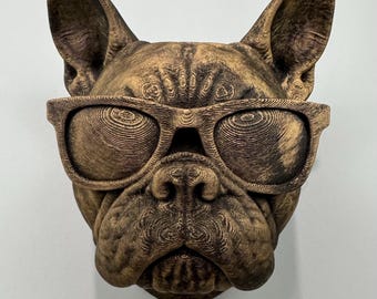 Escultura de pared de bulldog francés pintada a mano: Perro impreso en 3D con gafas de sol