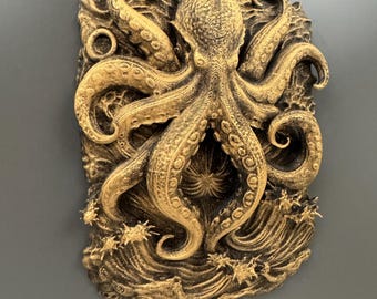 Escultura de pared de pulpo Kraken / Arte mural náutico oceánico / Decoración costera oscura / Criatura marina gótica / Pieza decorativa impactante para la cueva del hombre