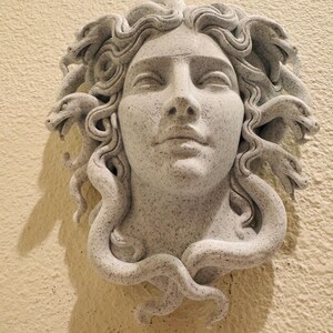 K&ouml;nnte beinhalten: Graue Medusa-Kopf-Skulptur mit Schlangen als Haare. Die Skulptur ist an einer hellfarbigen Wand befestigt. Das Kunstwerk zeigt detaillierte Haare und Gesichtsz&uuml;ge. Die Schlangen sind detailliert modelliert.