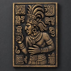 Könnte beinhalten: Eine rechteckige Wandplatte mit einem bronzefarbenen Relief einer Figur, die einen aufwendigen Federschmuck und Schmuck trägt. Die Figur ist von geschnitzten geometrischen Symbolen und Glyphen vor einem dunklen, strukturierten Hintergrund umgeben.