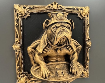 Decoración de pared de bulldog jugando al póker / Arte de pared divertido de perro apostador / Decoración de cueva de hombre con bulldog francés / Escultura de perro en mesa de póker / Regalo de pared para bar