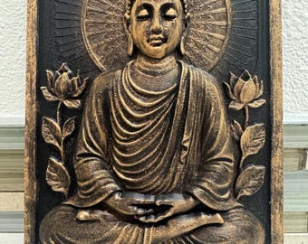 Plaque murale Bouddha méditant : décoration zen dorée antique