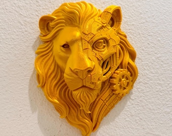 Escultura de pared mecánica de cabeza de león: arte de pared de león steampunk cyberpunk, decoración futurista para el hogar, regalo para hombres, oficina o sala de estar.
