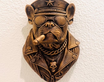 Decoración de pared con bulldog francés - Arte gótico de calavera de perro y motociclista - Decoración de pared con puro de perro vintage, fantasía oscura, arte gótico para el hogar