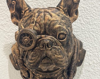 Steampunk French Bulldog Wall Sculpture – Bronze Gear Dog Head Art, Industrial Decor, Retro Futuristic Dog Wall Mount Gift for Dog Lovers