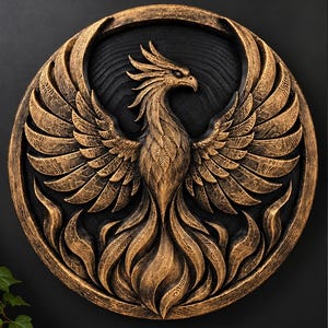 Puede incluir: Una placa de pared circular que presenta una escultura en relieve de un fénix con las alas extendidas. El ave está representada en un acabado de bronce metálico con reflejos oscuros, sobre un fondo negro texturizado dentro de un marco circular.