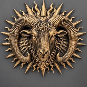 May include: A circular wall plaque featuring a detailed ram head at the centre with large, curved, textured horns. The ram is surrounded by a sunburst design with alternating straight spikes and wavy rays, all finished in a metallic gold tone.
