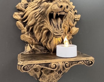 Bougeoir tête de loup | étagère murale Snarling Wolf | Photophore gothique | Support mural à volutes ornées | Cadeau Dark Fantasy