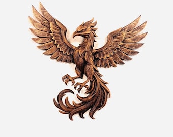 Handgemalte Phoenix Wandkunst | Mythische Vogel-Skulptur | Aufsteigender Phoenix Wohnkultur | Wandbehang im Bronze-Stil | Fantasy Geschenk Gold Antik