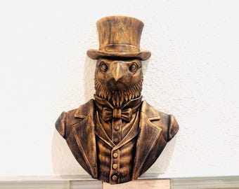 Sculpture murale en forme de corbeau gothique | Art steampunk corbeau gentleman | Décoration gothique victorienne imprimée en 3D | Buste d'oiseau sombre pour la maison ou le salon