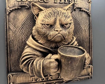 murale chat | Grumpy Cat Coffee, d'abord parler plus tard | Décoration de cuisine amusante | Art de bar à café félin | Cadeau pour amoureux des chats