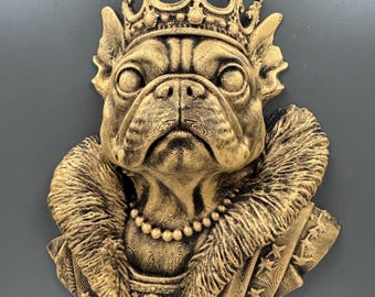 Escultura de pared de bulldog francés real / Busto de bulldog francés coronado / Decoración de pared para amantes de los perros / Regalo divertido para mascotas