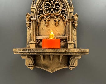 Estantería de pared estilo catedral gótica / Aplique de pared medieval para velas / Estantería de altar con rosetón / Regalo de decoración para el hogar estilo Dark Academia