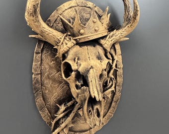 Deer Skull Wall Mount | Crowned Stag Trophy Plaque | Gothic Antler Decor | Dark Fantasy Art | Hunting Lodge Gift