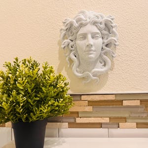 K&ouml;nnte beinhalten: Eine wei&szlig;e Medusa-Kopf-Skulptur ist an einer beigefarbenen Wand angebracht. Die Skulptur hat detaillierte Gesichtsz&uuml;ge und Schlangen als Haare. Eine gr&uuml;ne Topfpflanze steht vor der Wand. Der Topf ist schwarz.
