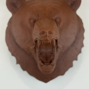May include: A brown bear head sculpture with an open mouth, revealing teeth. The bear's fur is textured, and the sculpture is mounted on a white surface. The bear's head is a decorative item.