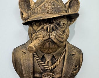Escultura de pared de bulldog francés, jefe de la mafia, decoración del hogar de un gánster francés, regalo único para amantes de los perros, arte de pared de animales atrevidos, busto de perro