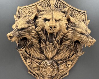 Sculpture murale de loup à trois têtes | Art mural Cerbère | Décoration murale gothique | Plaque loup fantastique | Décoration académique sombre