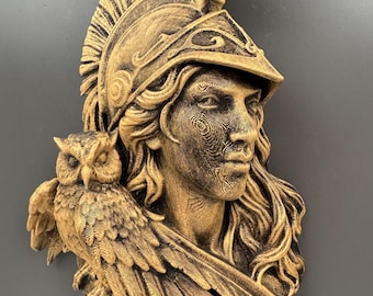 Busto de pared de la diosa Atenea / Escultura de la mitología griega con búho / Decoración estilo Dark Academia / Regalo para ella