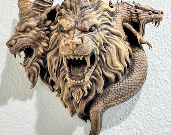 Three-Headed Chimera Wall Sculpture - Gothic Mythical Beast Decor - Antique Bronze Style Fantasy Wall Art