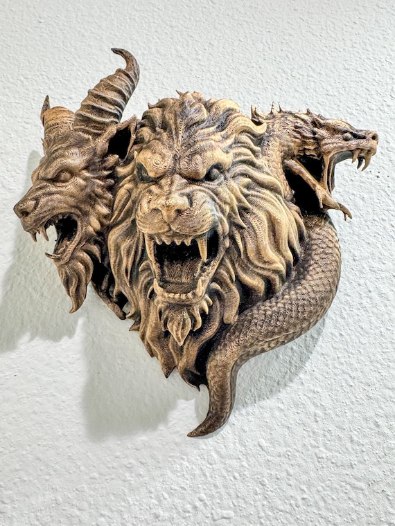 Three-Headed Chimera Wall Sculpture - Gothic Mythical Beast Decor - Antique Bronze Style Fantasy Wall Art
