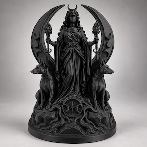 May include: A matte black statue depicting a central female figure wearing a horned headdress, holding two flaming torches, and flanked by two dogs. Behind the figure is a large crescent moon, and the base features a circular symbol with phases.