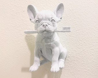 Bulldog francés con cepillo de dientes / Decoración divertida para el baño / Escultura de pared o estante de bulldog francés adorable / Regalo único para amantes de los perros
