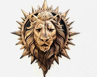 Cabeza de león de bronce pintada a mano - Escultura de león con forma de sol - Adorno de pared de animal regio - Decoración impactante para sala de estar o entrada