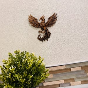 Hand Painted Phoenix Wall Art | Mythical Bird Sculpture | Rising Phoenix Home Decor | Bronze Style Wall Hanging | Fantasy Gift Gold Antique 6 Inches